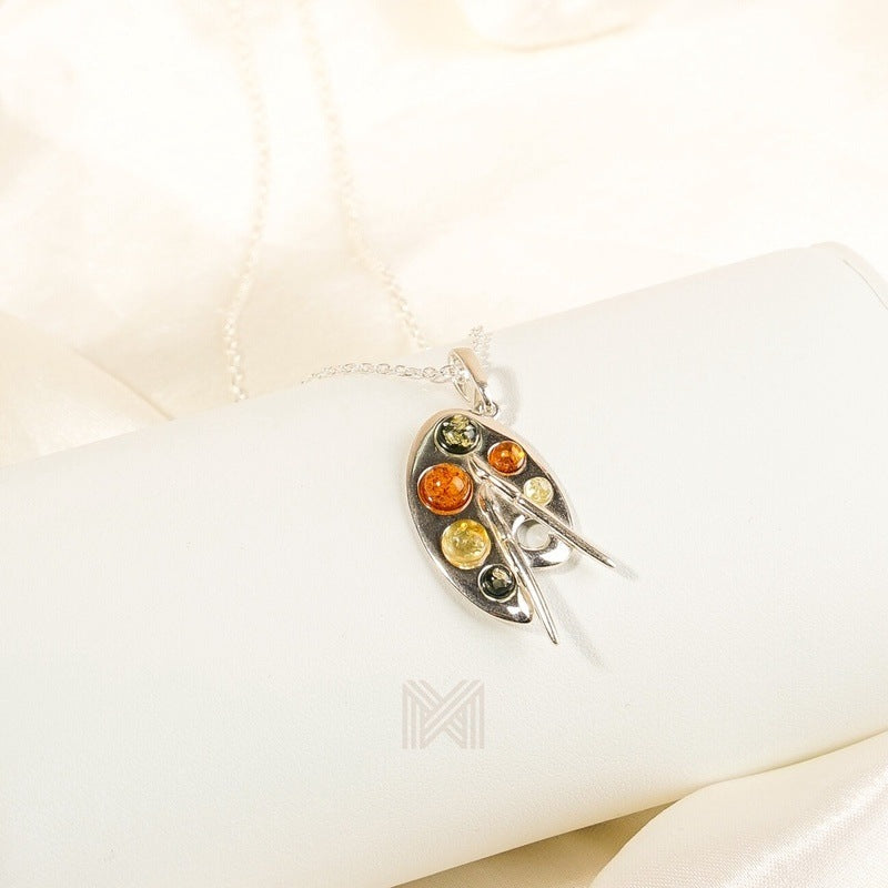 MILLENNE Multifaceted Baltic Amber Artist Pallette Silver Pendant with 925 Sterling Silver