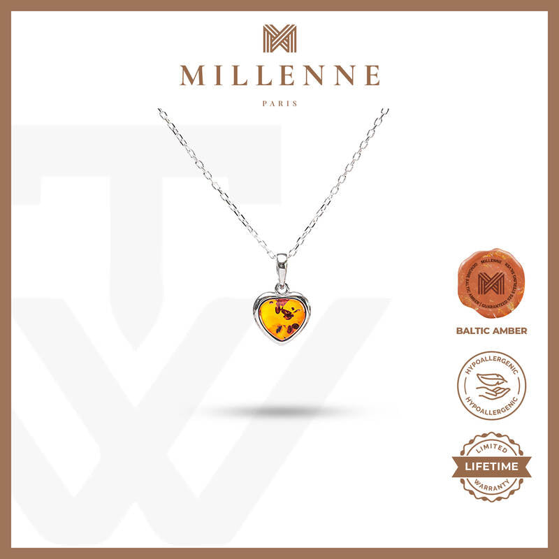 MILLENNE Multifaceted Baltic Amber Heart Silver Pendant with 925 Sterling Silver