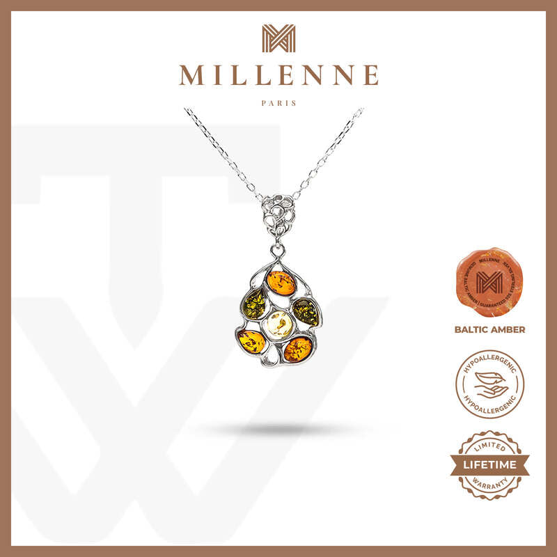 MILLENNE Multifaceted Baltic Amber Pentagon Silver Pendant with 925 Sterling Silver