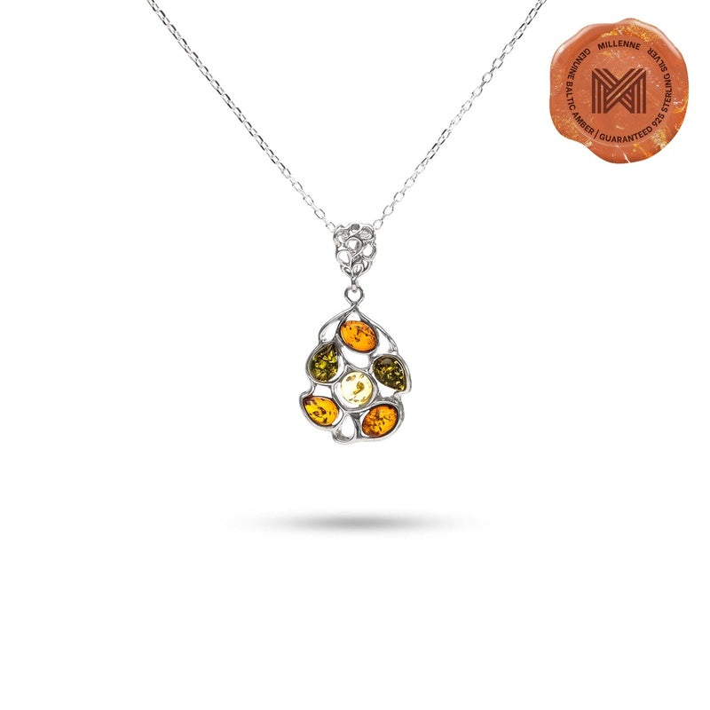 MILLENNE Multifaceted Baltic Amber Pentagon Silver Pendant with 925 Sterling Silver