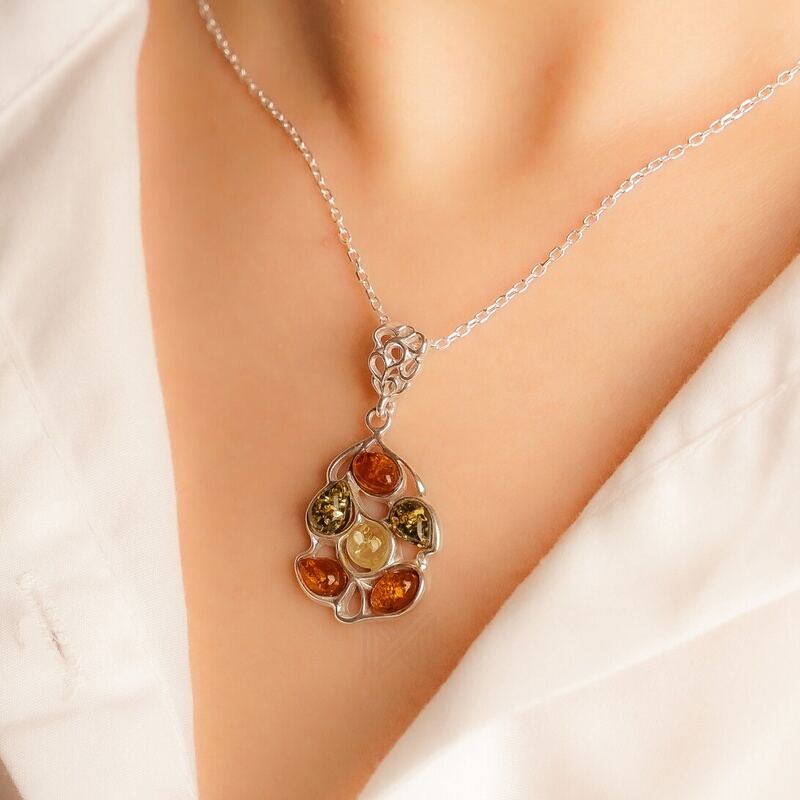 MILLENNE Multifaceted Baltic Amber Pentagon Silver Pendant with 925 Sterling Silver