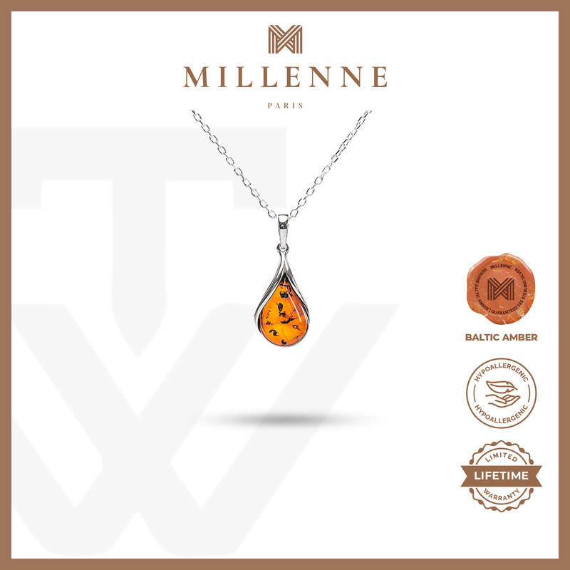 MILLENNE Multifaceted Baltic Amber Droplet Silver Pendant with 925 Sterling Silver