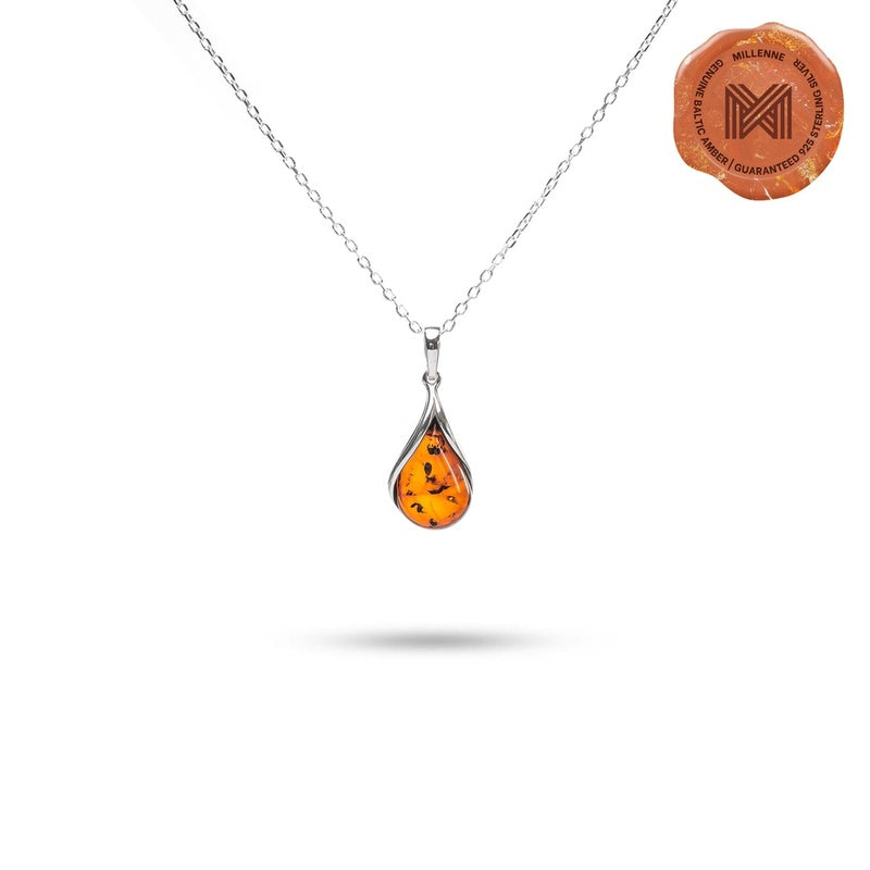 MILLENNE Multifaceted Baltic Amber Droplet Silver Pendant with 925 Sterling Silver