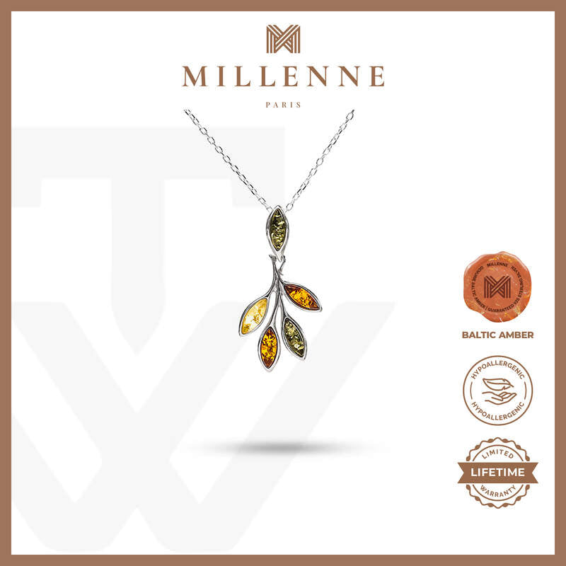 MILLENNE Multifaceted Baltic Amber Branching Leaves Silver Pendant with 925 Sterling Silver