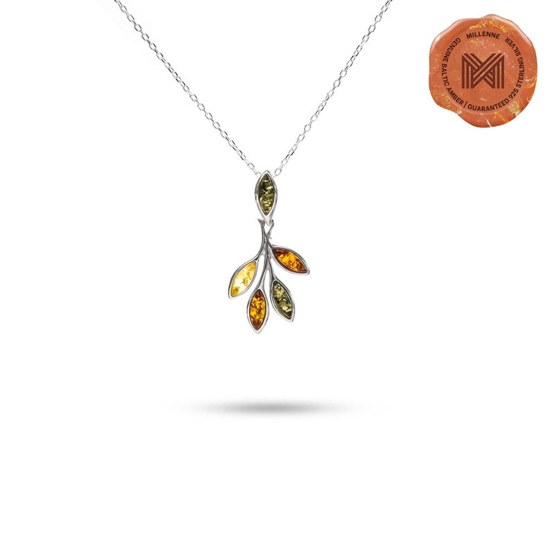 MILLENNE Multifaceted Baltic Amber Branching Leaves Silver Pendant with 925 Sterling Silver