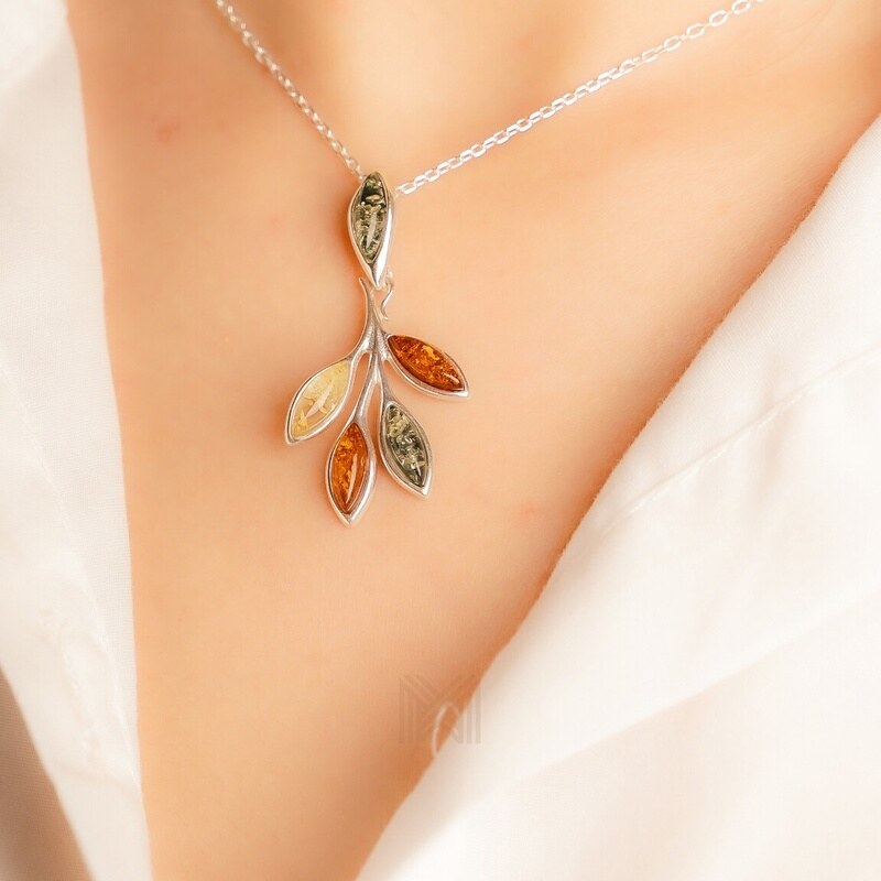 MILLENNE Multifaceted Baltic Amber Branching Leaves Silver Pendant with 925 Sterling Silver