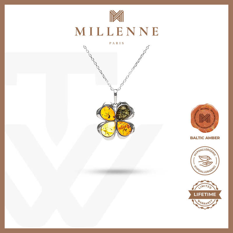 MILLENNE Multifaceted Baltic Amber 4 Leaf Clover Silver Pendant with 925 Sterling Silver