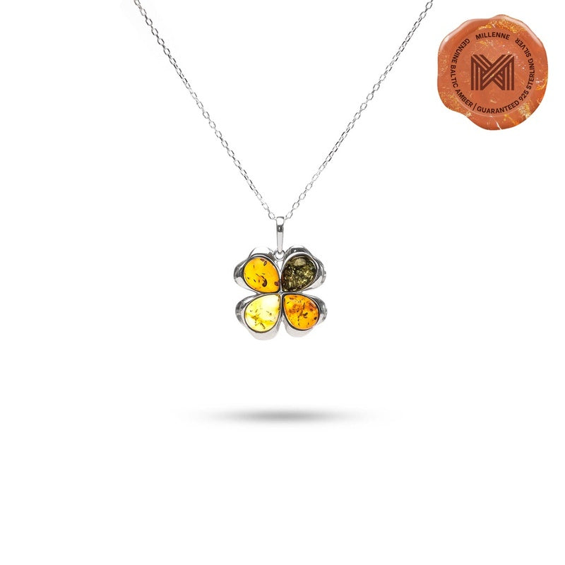 MILLENNE Multifaceted Baltic Amber 4 Leaf Clover Silver Pendant with 925 Sterling Silver