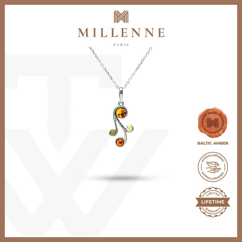 MILLENNE Multifaceted Baltic Amber Curvaceous Silver Pendant with 925 Sterling Silver