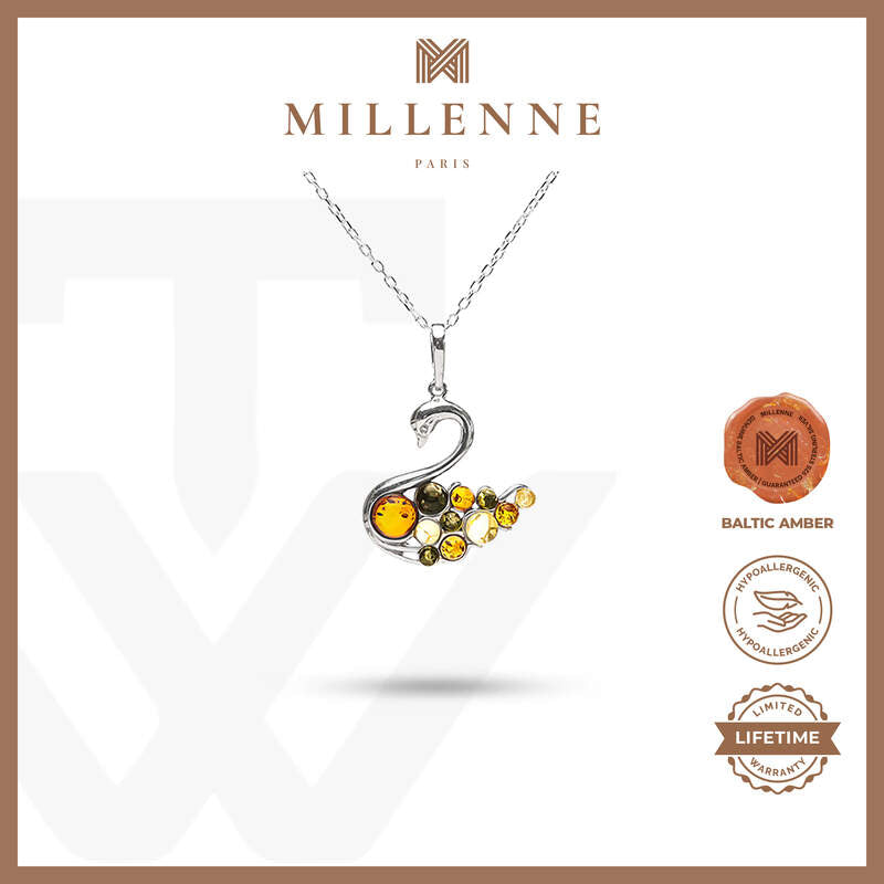 MILLENNE Multifaceted Baltic Amber Swan Lake Silver Pendant with 925 Sterling Silver