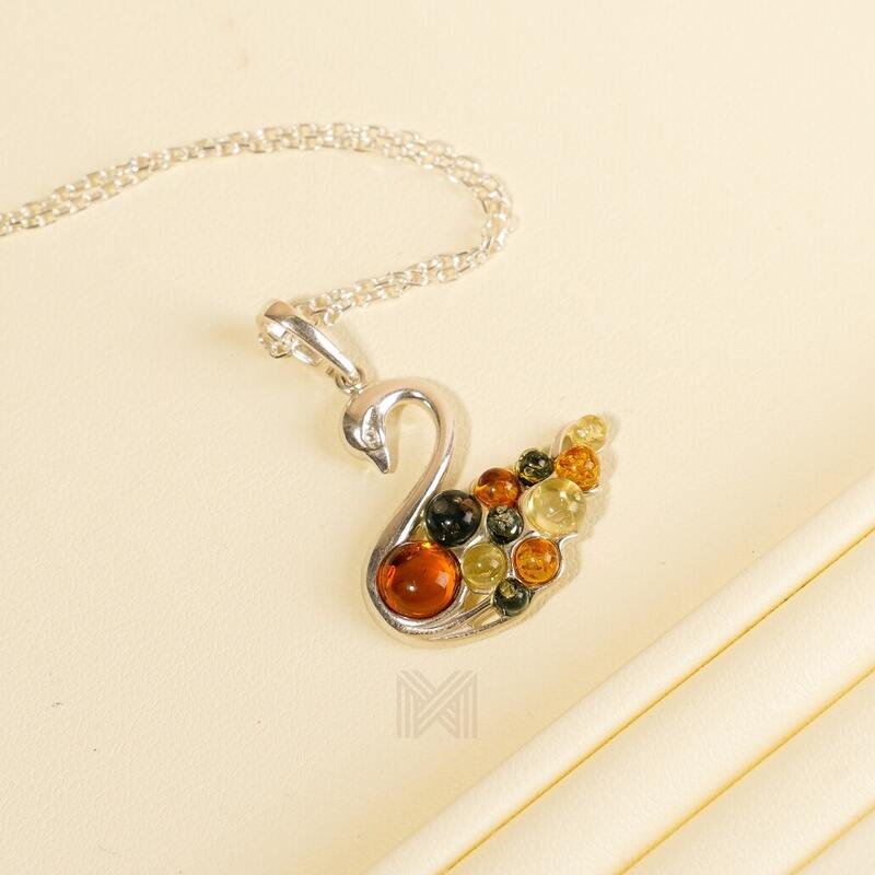 MILLENNE Multifaceted Baltic Amber Swan Lake Silver Pendant with 925 Sterling Silver