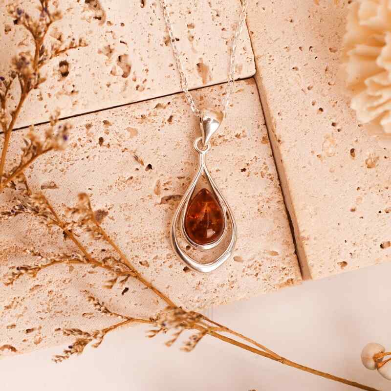 MILLENNE Multifaceted Baltic Amber Nested Drop Silver Pendant with 925 Sterling Silver