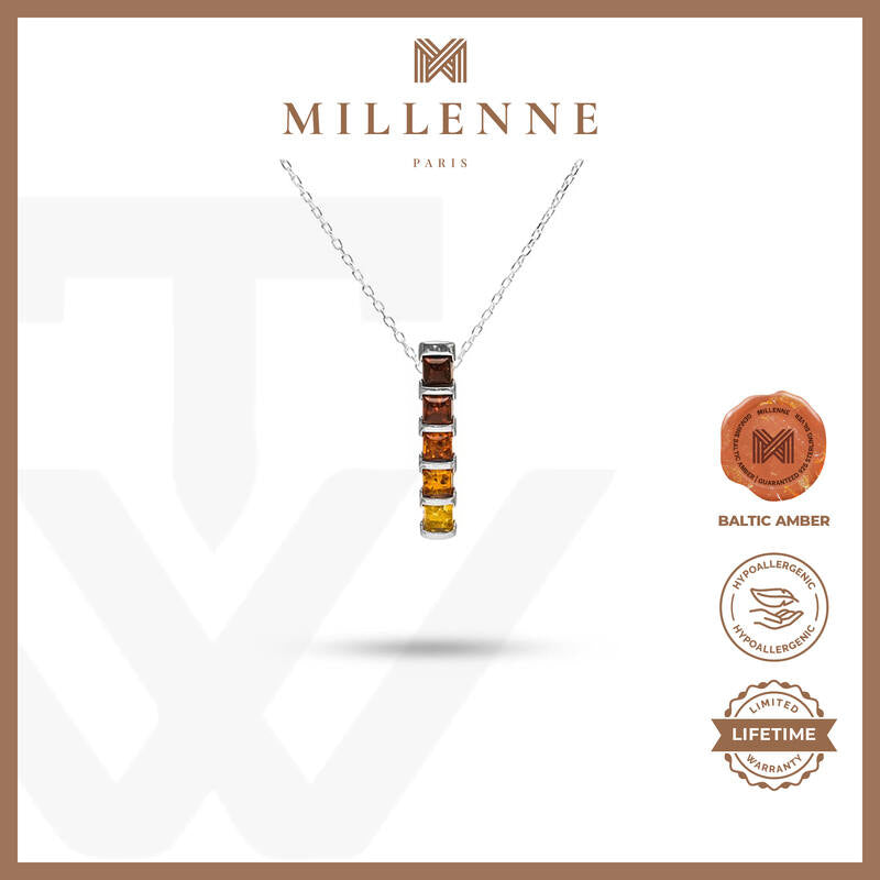 MILLENNE Multifaceted Baltic Amber Bamboo Silver Pendant with 925 Sterling Silver