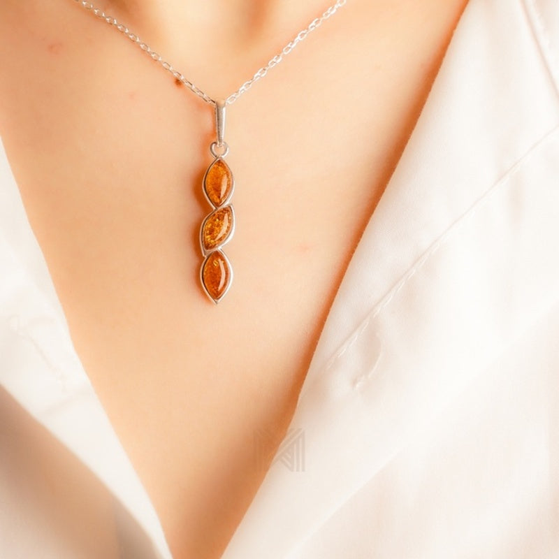 MILLENNE Multifaceted Baltic Amber Nested Drop Silver Pendant with 925 Sterling Silver