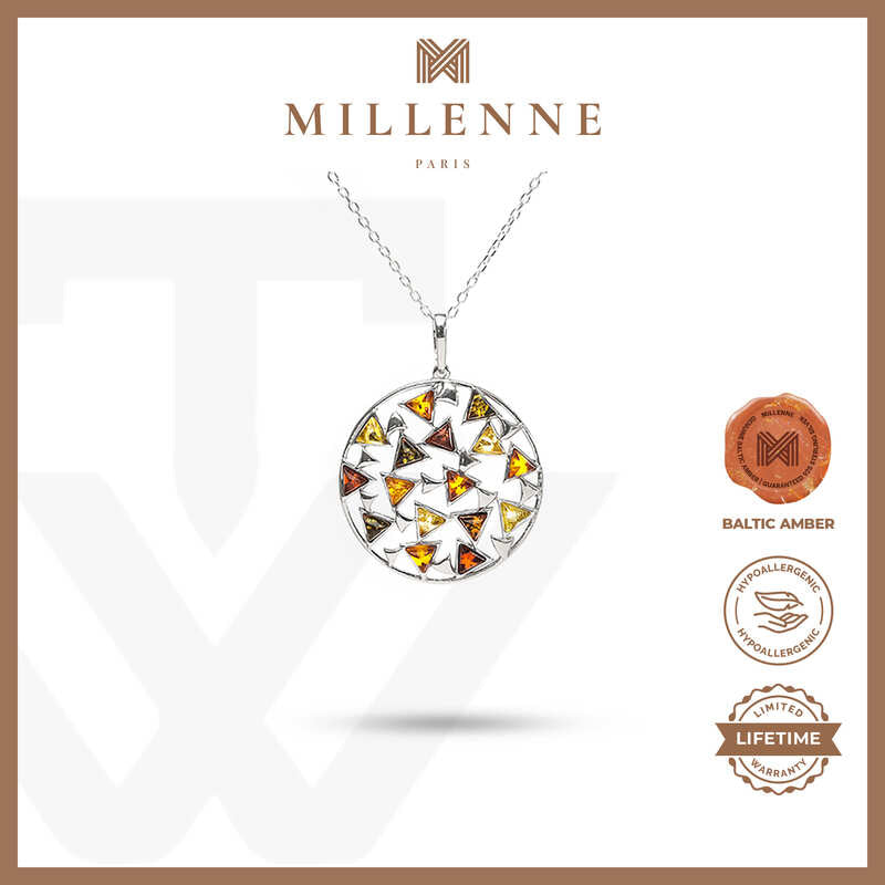 MILLENNE Multifaceted Baltic Amber Spheroid Silver Pendant with 925 Sterling Silver