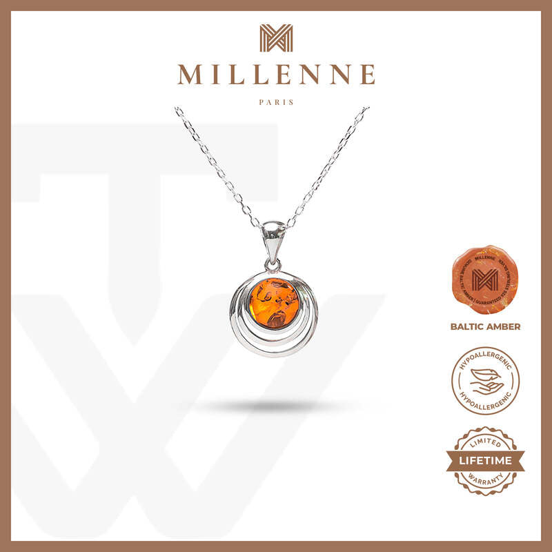 MILLENNE Multifaceted Baltic Amber Srtipe Caged Silver Pendant with 925 Sterling Silver