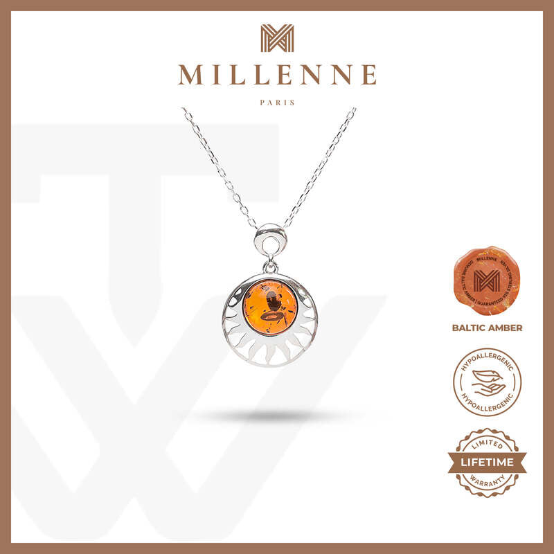 MILLENNE Multifaceted Baltic Amber Sun Silver Pendant with 925 Sterling Silver