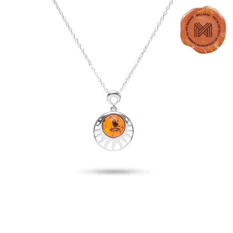 MILLENNE Multifaceted Baltic Amber Sun Silver Pendant with 925 Sterling Silver