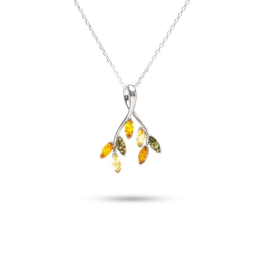 MILLENNE Multifaceted Baltic Amber Leaves of Fall Silver Pendant with 925 Sterling Silver