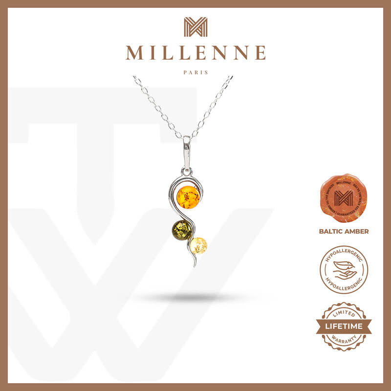 MILLENNE Multifaceted Baltic Amber Tristone Silver Pendant with 925 Sterling Silver