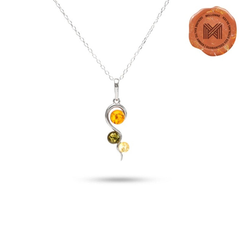 MILLENNE Multifaceted Baltic Amber Tristone Silver Pendant with 925 Sterling Silver