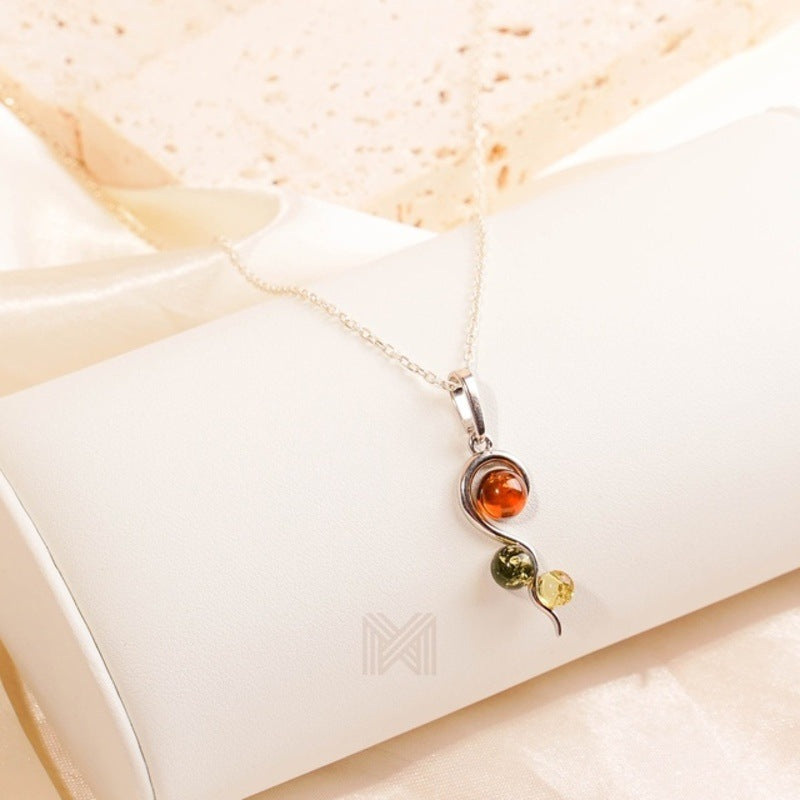 MILLENNE Multifaceted Baltic Amber Tristone Silver Pendant with 925 Sterling Silver