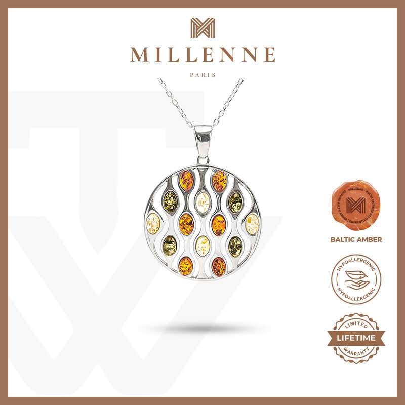 MILLENNE Multifaceted Baltic Amber Lotus Stem Silver Pendant with 925 Sterling Silver