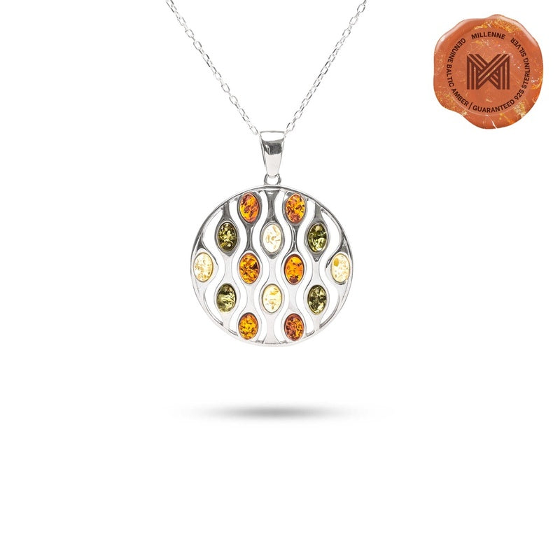 MILLENNE Multifaceted Baltic Amber Lotus Stem Silver Pendant with 925 Sterling Silver