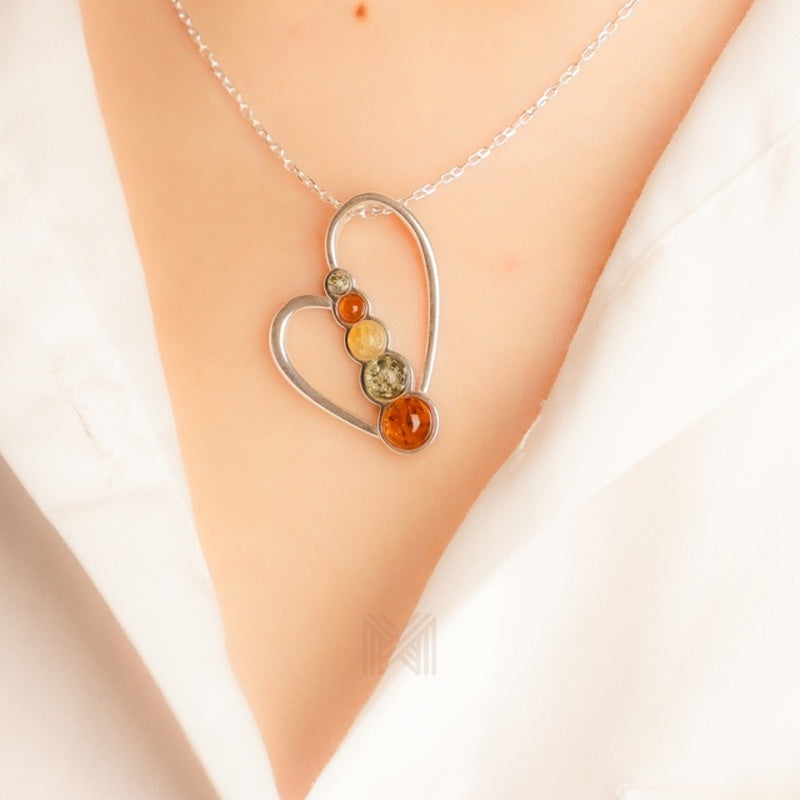 MILLENNE Multifaceted Baltic Amber Multi Stone Heart Silver Pendant with 925 Sterling Silver