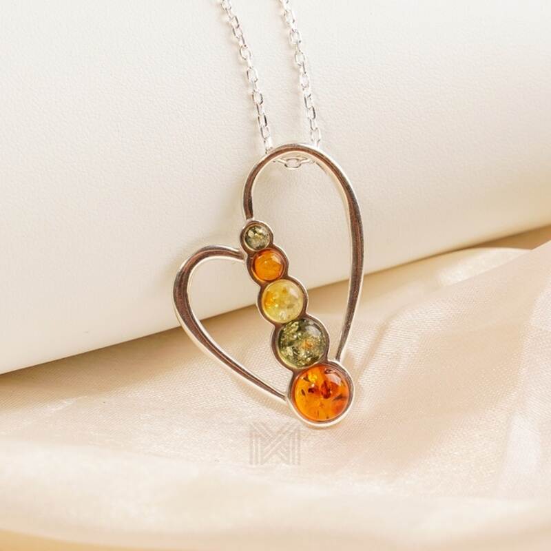 MILLENNE Multifaceted Baltic Amber Multi Stone Heart Silver Pendant with 925 Sterling Silver