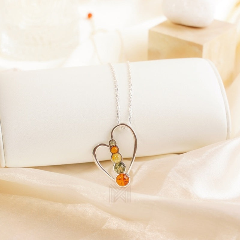 MILLENNE Multifaceted Baltic Amber Multi Stone Heart Silver Pendant with 925 Sterling Silver