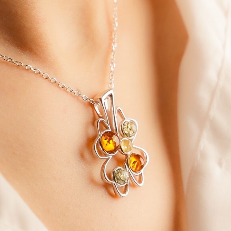 MILLENNE Multifaceted Baltic Amber Multi Stone Lucky Charm Silver Pendant with 925 Sterling Silver