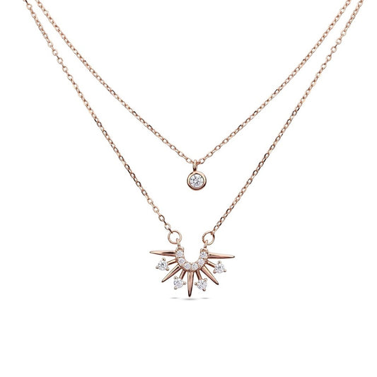 MILLENNE Millennia 2000 Two Layered Sun Rays Cubic Zirconia Rose Gold Necklace with 925 Sterling Silver