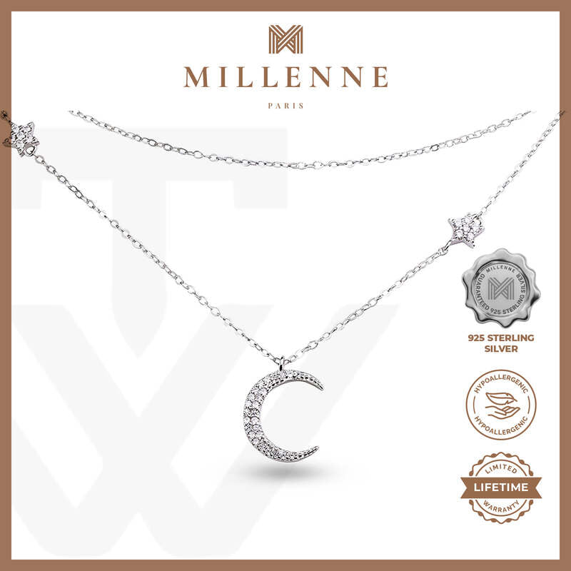 MILLENNE Match The Stars Moon and Stars Cubic Zirconia Rhodium Necklace with 925 Sterling Silver