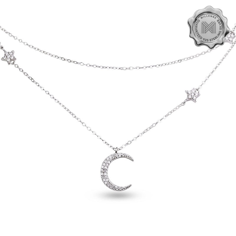 MILLENNE Match The Stars Moon and Stars Cubic Zirconia Rhodium Necklace with 925 Sterling Silver