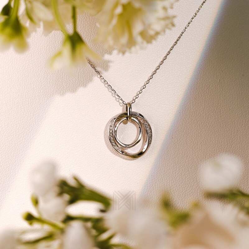 MILLENNE Made For The Night Layered Circles Cubic Zirconia Rhodium Necklace with 925 Sterling Silver