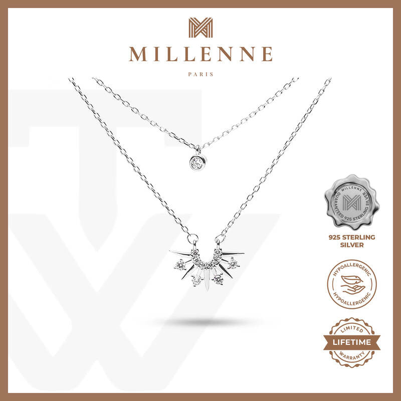 MILLENNE Millennia 2000 Two Layered Sun Rays Cubic Zirconia Rhodium Necklace with 925 Sterling Silver