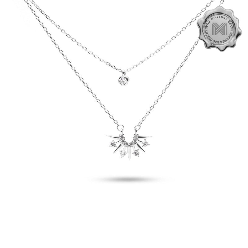 MILLENNE Millennia 2000 Two Layered Sun Rays Cubic Zirconia Rhodium Necklace with 925 Sterling Silver