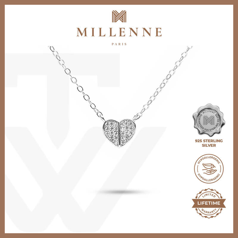 MILLENNE Millennia 2000 Heart Studded Cubic Zirconia Silver Necklace with 925 Sterling Silver