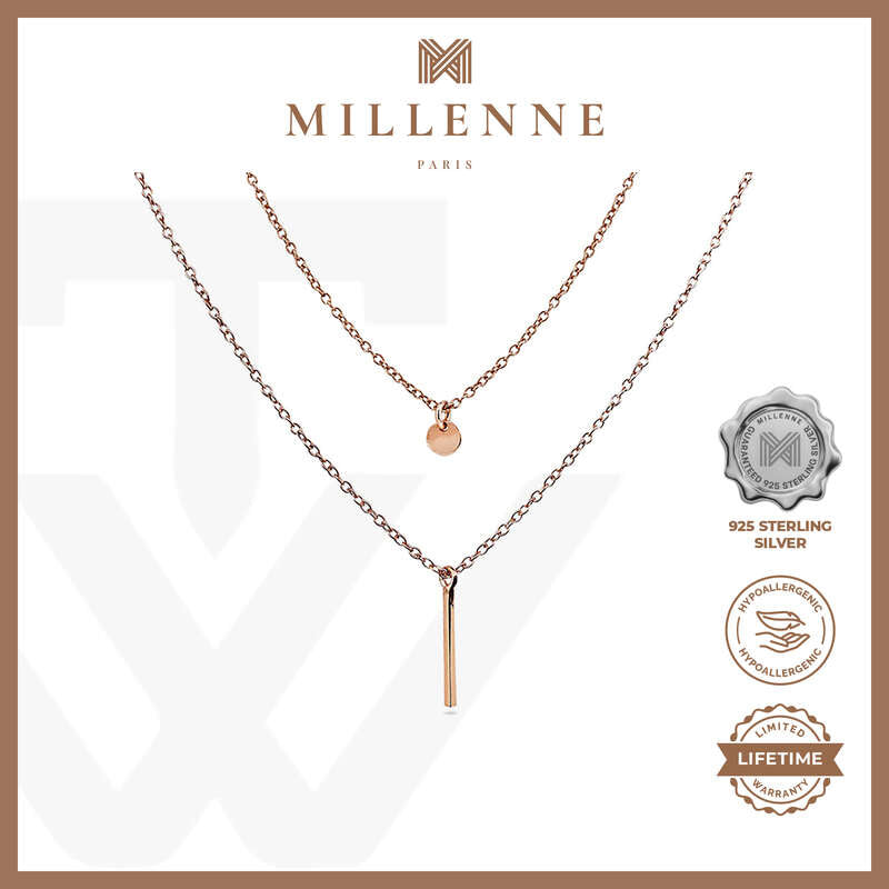 MILLENNE Minimal Thin Vertical Bar Rose Gold Necklace with 925 Sterling Silver