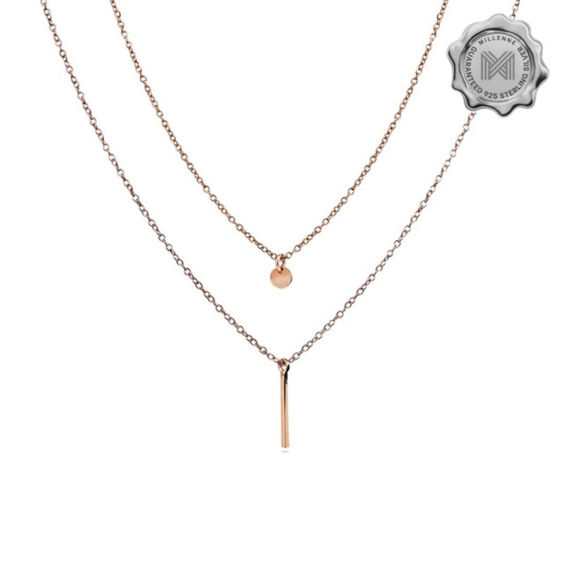 MILLENNE Minimal Thin Vertical Bar Rose Gold Necklace with 925 Sterling Silver