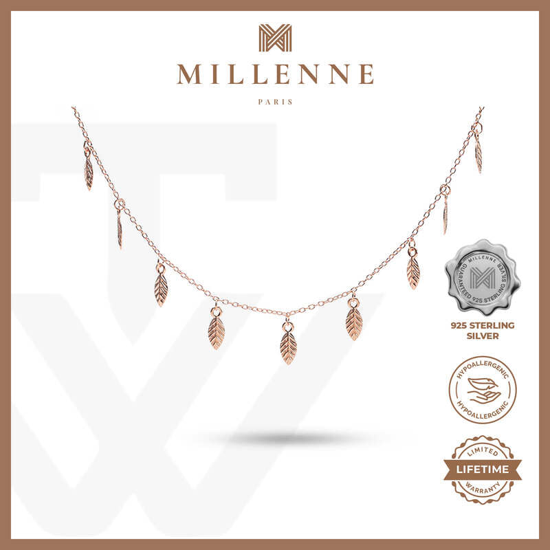 MILLENNE Millennia 2000 Bohemian Leaf Rose Gold Necklace with 925 Sterling Silver