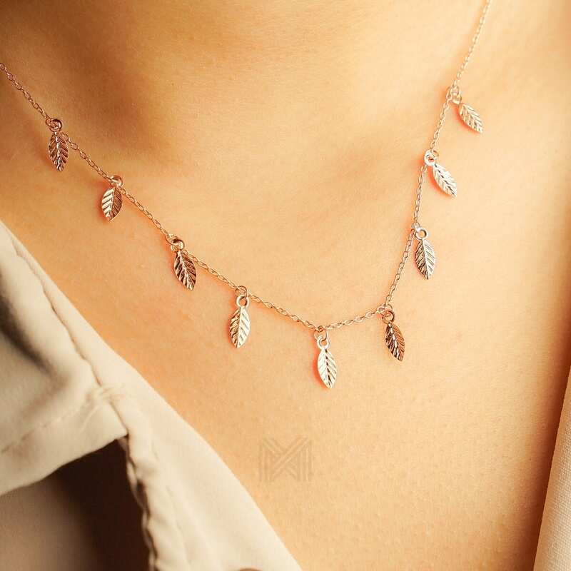 MILLENNE Millennia 2000 Bohemian Leaf Rose Gold Necklace with 925 Sterling Silver