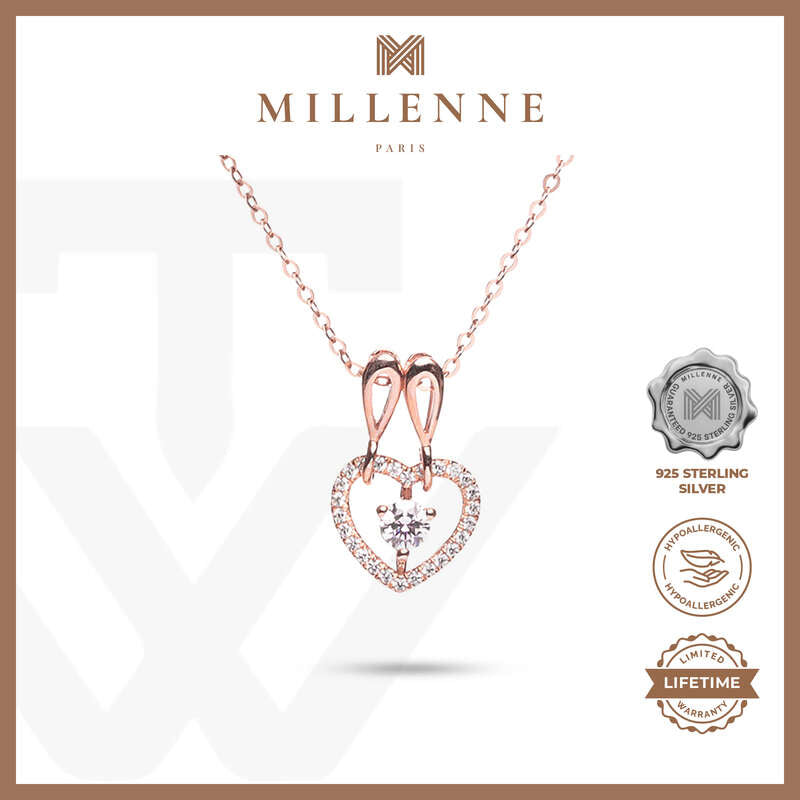 MILLENNE Made For The Night Double Hoop Heart Cubic Zirconia Rose Gold Necklace with 925 Sterling Silver