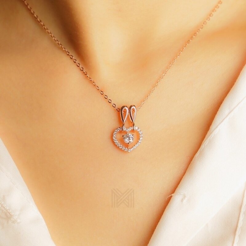 MILLENNE Made For The Night Double Hoop Heart Cubic Zirconia Rose Gold Necklace with 925 Sterling Silver