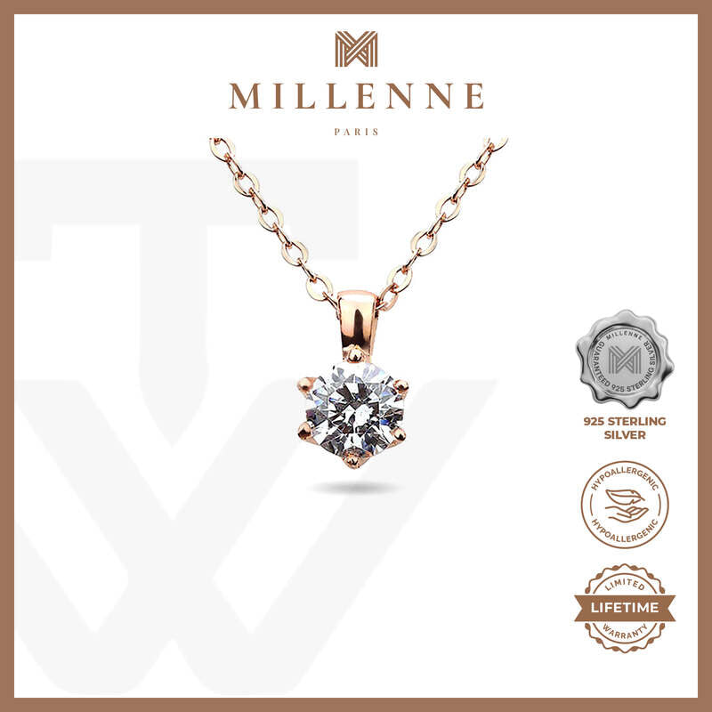 MILLENNE Made For The Night Solitare Cubic Zirconia Rose Gold Necklace with 925 Sterling Silver