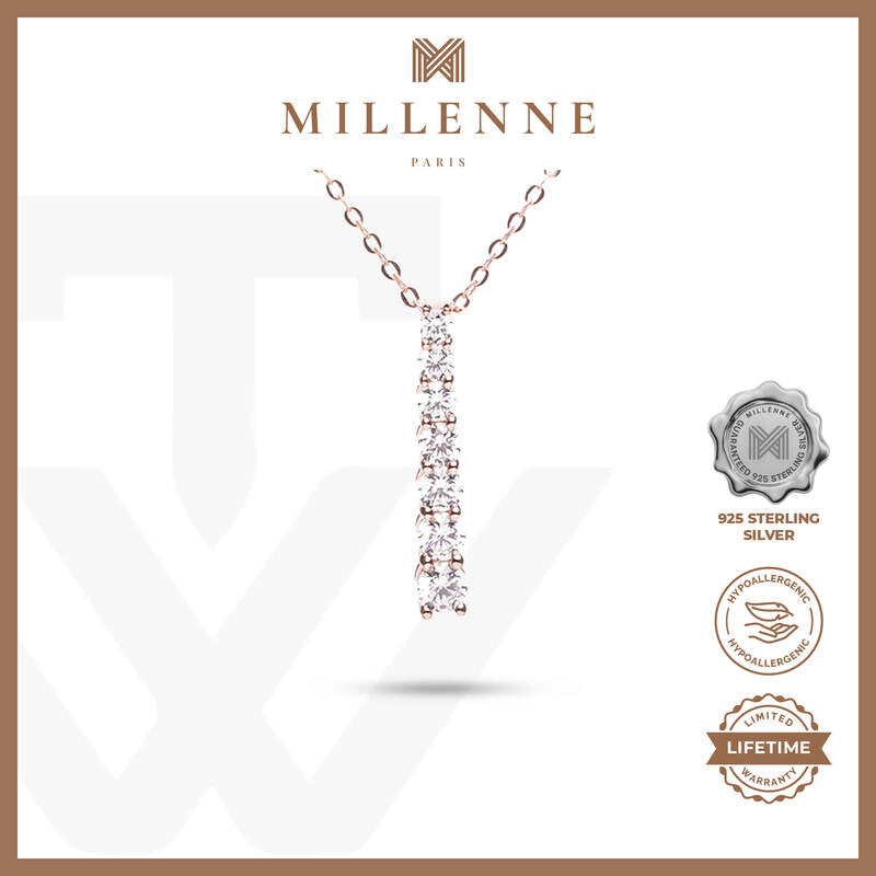 MILLENNE Made For The Night Graduated Diamond Bar Cubic Zirconia Rose Gold Necklace with 925 Sterling Silver