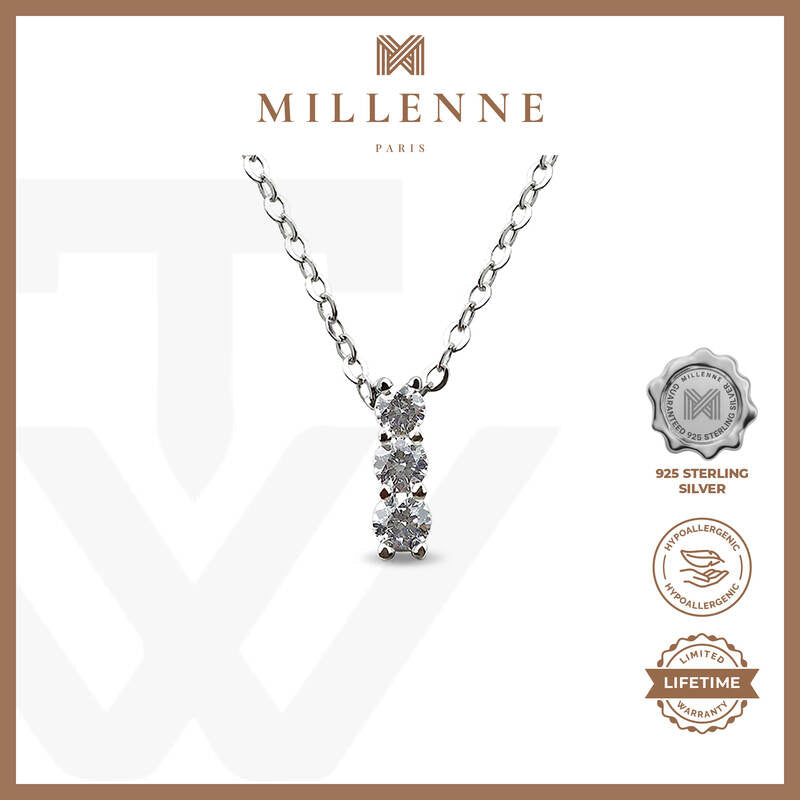 MILLENNE Made For The Night Triple Diamond Cubic Zirconia White Gold Necklace with 925 Sterling Silver