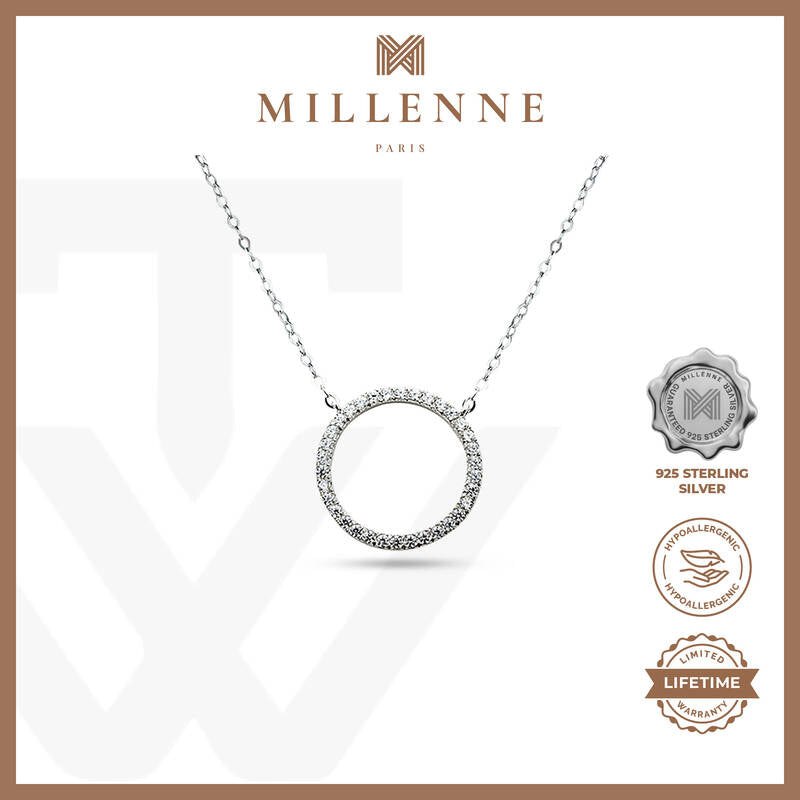 MILLENNE Minimal Circle Studded Cubic Zirconia White Gold Necklace with 925 Sterling Silver