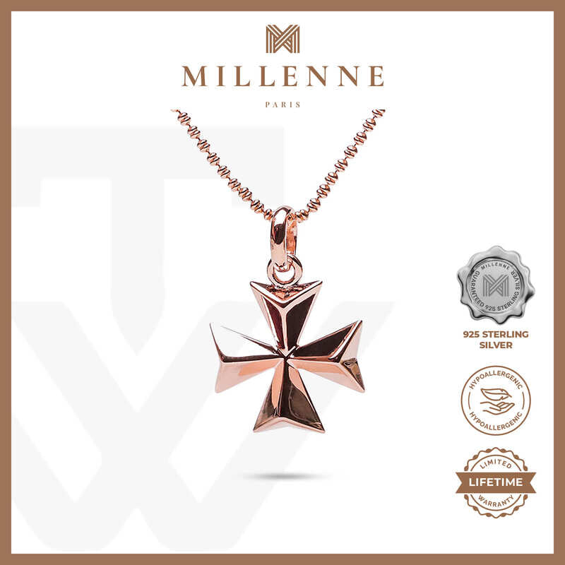 MILLENNE Millennia 2000 Volumed Maltese Cross Rose Gold Pendant with 925 Sterling Silver